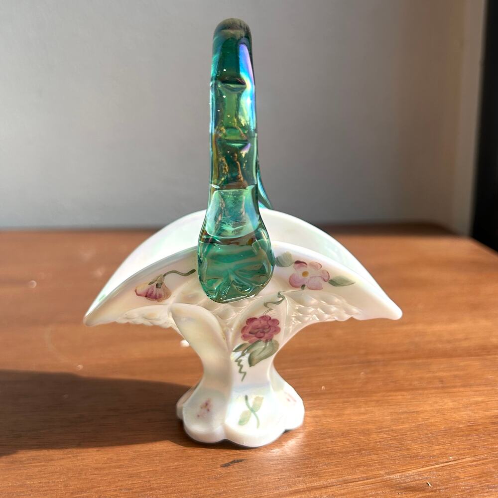 Fenton Mini Basket White 4.5" Iridescent Peacock Tail Floral Signed QVC 2001